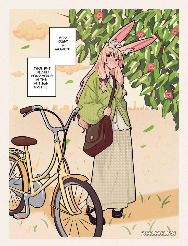 My OC standing in an autumnal scene next to a bike. 
Text: For just a moment... I thought I heard your voice in the autumn breeze