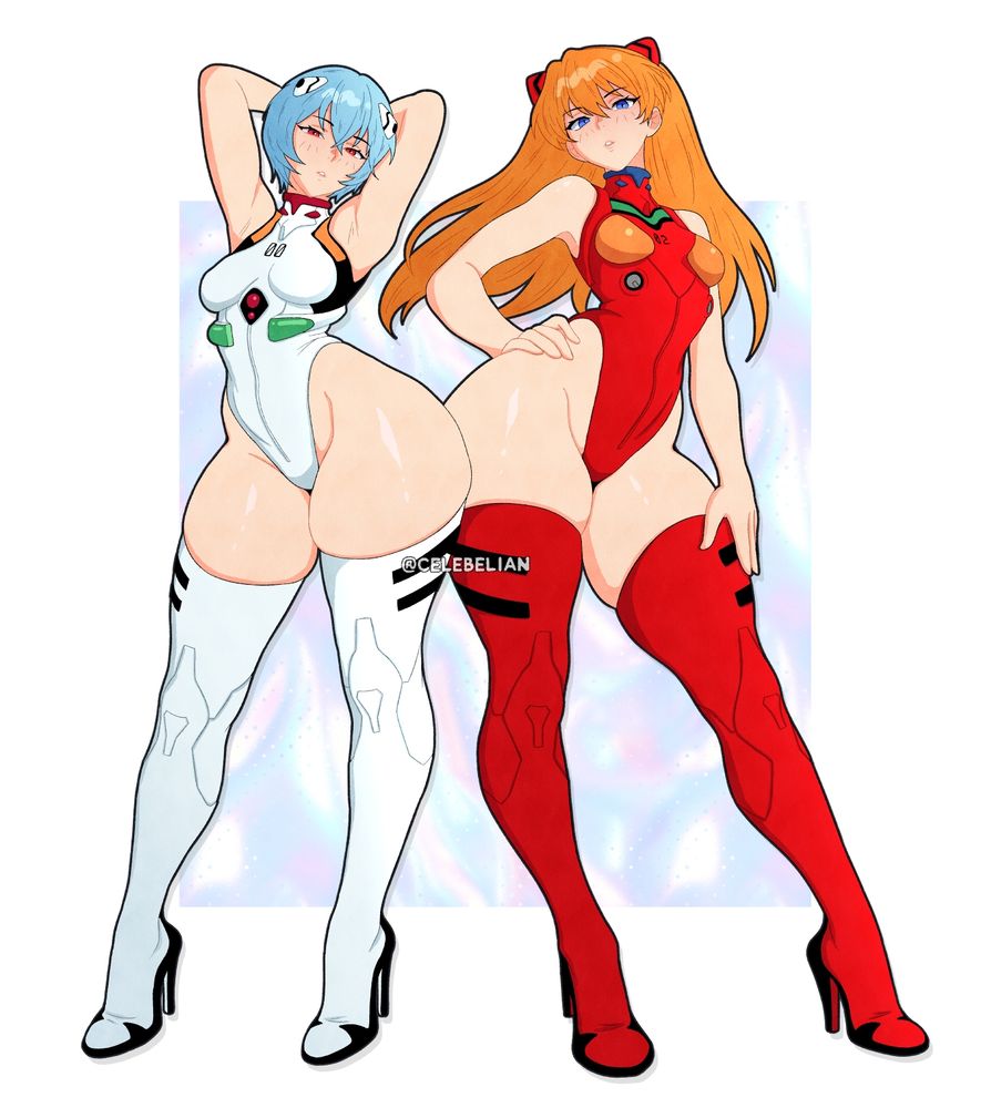 Rei and Asuka in modified versions of their plugsuits