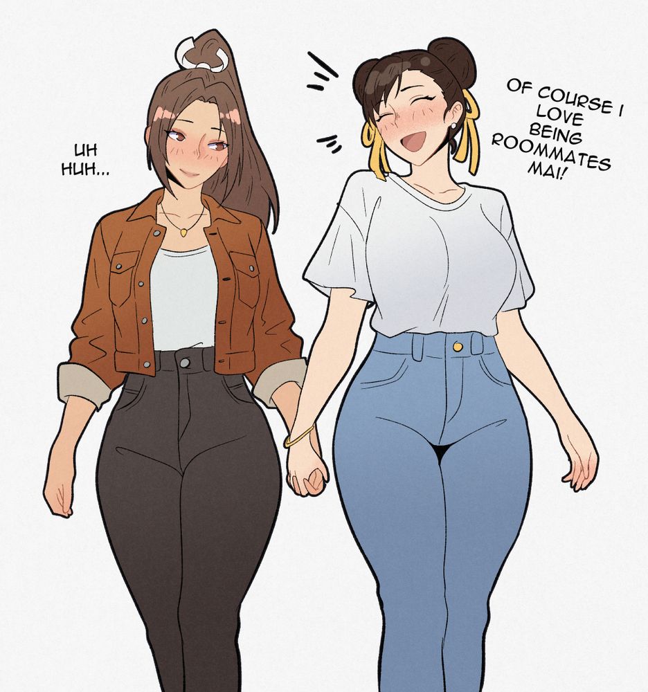 Mai and Chun-Li holding hands
Chun-Li: Of course I love being roommates, Mai!
Mai: Uh huh...