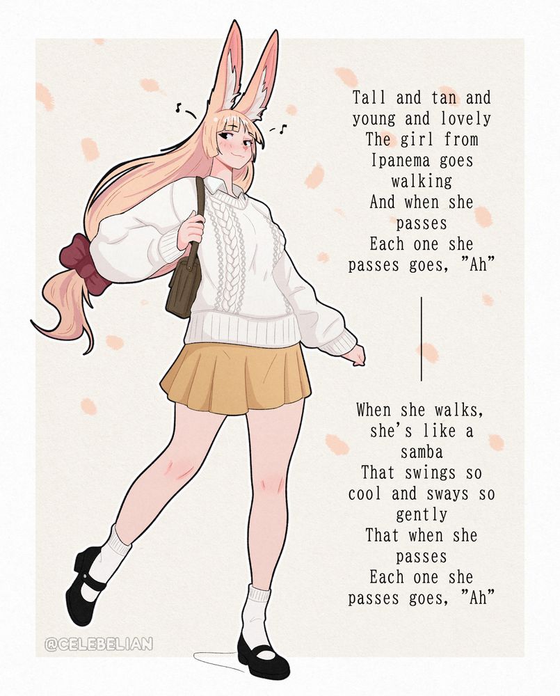 My OC bun wife in a cute outfit
text:
Tall and tan and young and lovely
The girl from Ipanema goes walking
And when she passes
Each one she passes goes, "Ah"
When she walks, she's like a samba
That swings so cool and sways so gently
That when she passes
Each one she passes goes, "Ah"