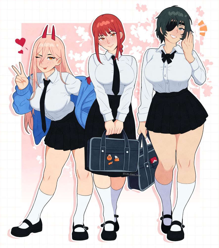 Power, Makima and Himeno from Chainsaw Man posing in high school outfits.
