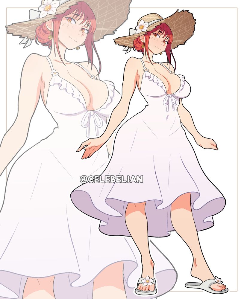 Makima wearing a summer dress and a straw hat