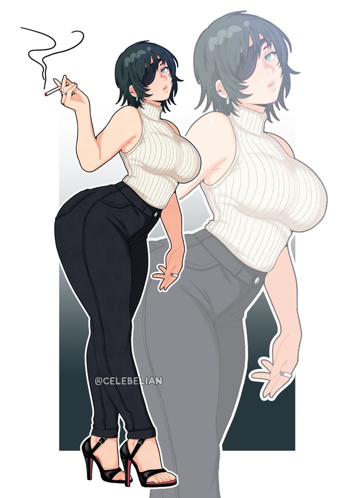 Himeno wearing a turtleneck, dress pants and high heels.