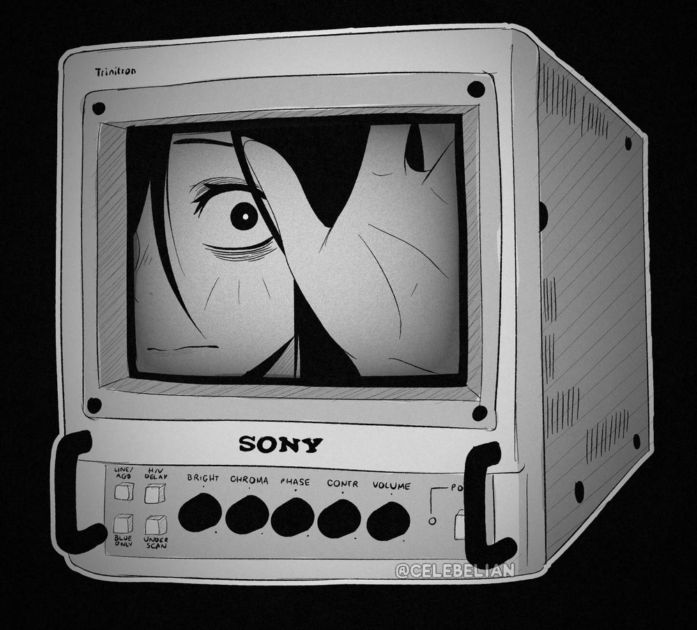 A tiny Sony Triniton showing a close up of Sadako's face