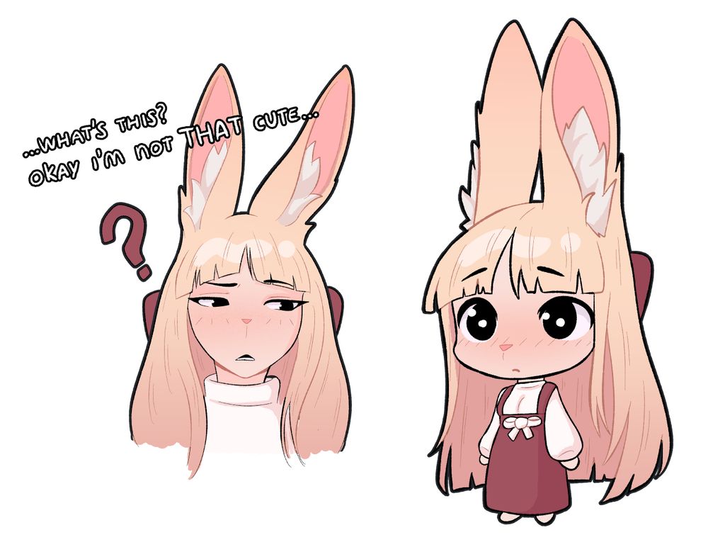 a headshot of my OC bun wife and a chibi of herself
text: "... what's this? okay i'm not THAT cute..."