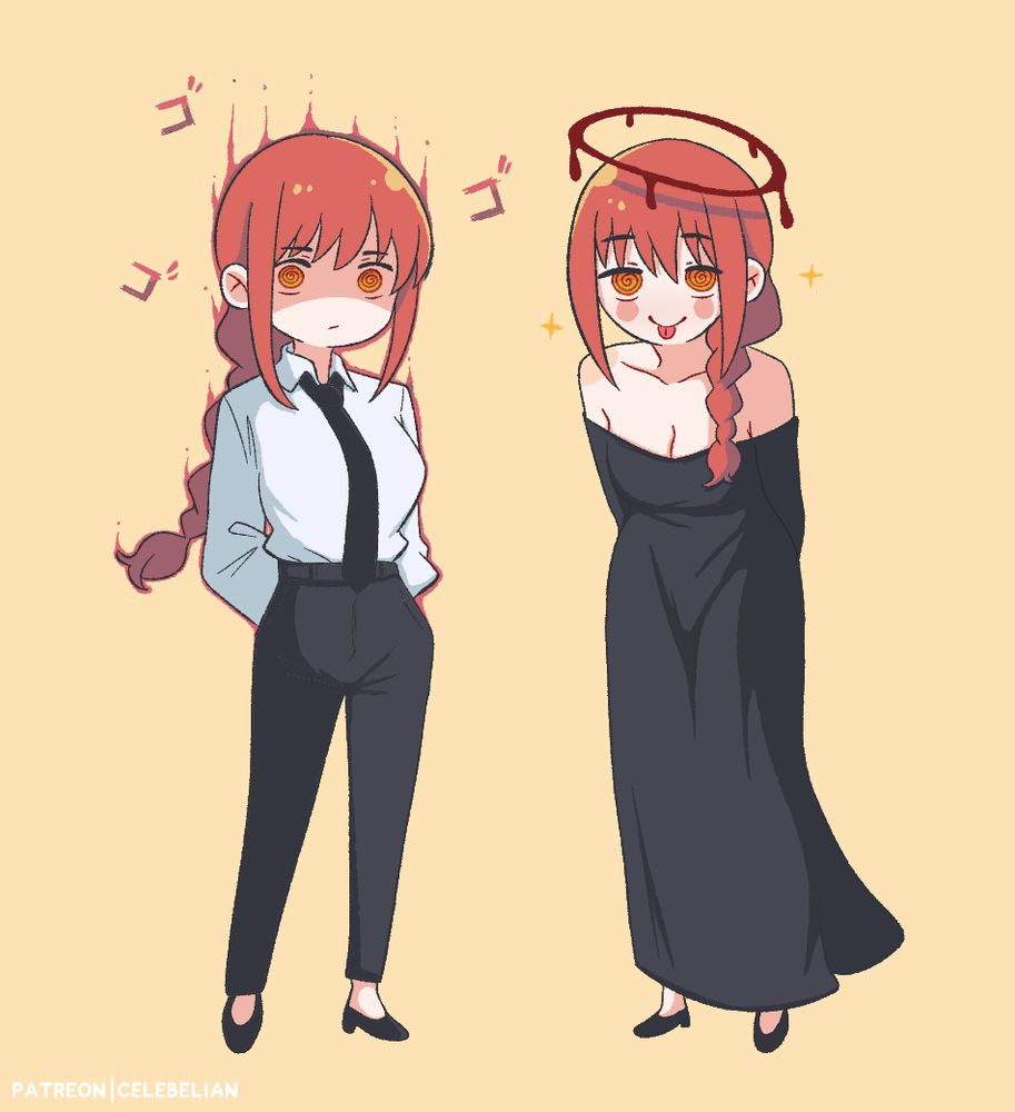 Makima from Chainsaw Man in her regular and dress outfits.