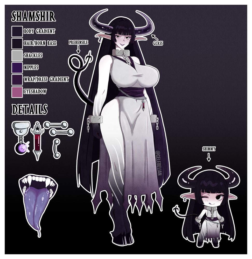 A character sheet of my demon OC Shamshir featuring a full body and chibi version of her along with closeups of jewelry and her mouth.
