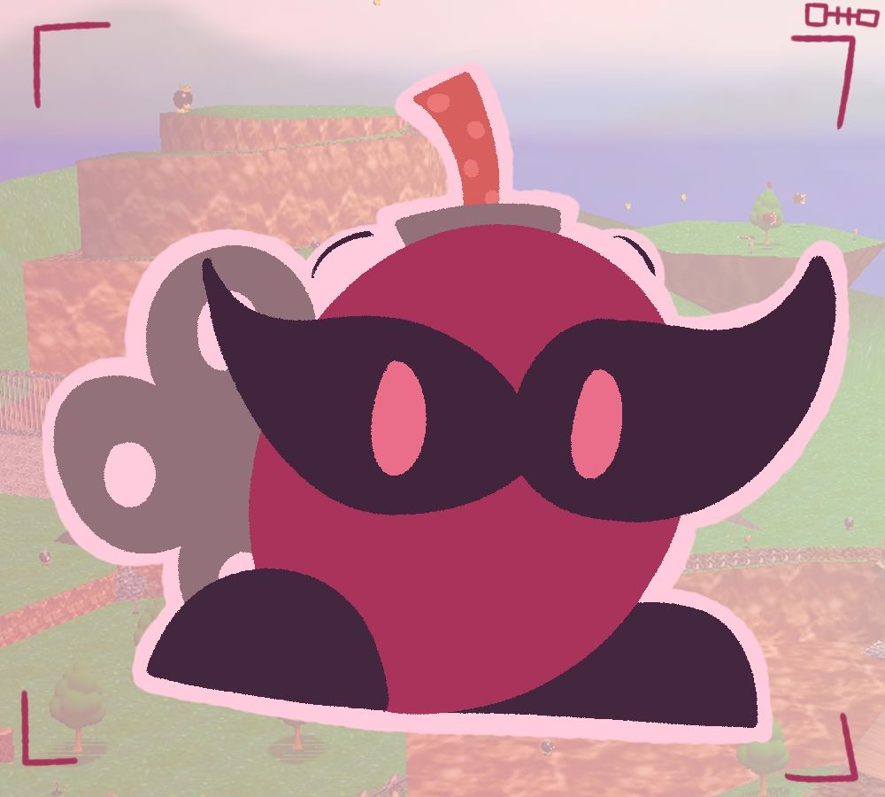 Domino in front of a screenshot of Bob-Omb Battlefield, which has been given a pinkish filter