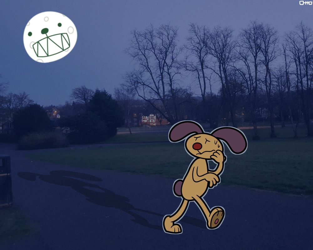 A nervous-looking Claude is walking through a park at night, there's also the moon in the background which has Steve Bear's face on it (the background is actually a photo I once took myself)