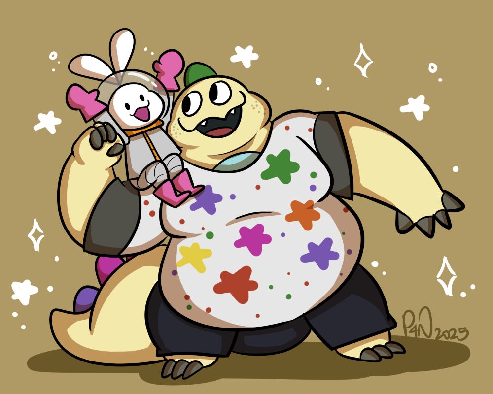 Artfight attack for theonixie! We both have characters named Konpeito - an astronaut rabbit and a big chonky reptile from space.