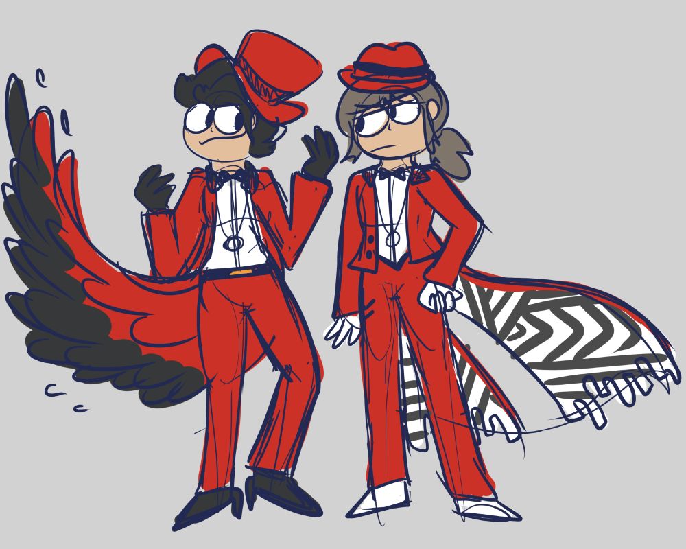 Ren and Akechi in their Persona Big Band concert outfits. There's small differences from the official art like Ren's coat isn't split into two wings, just one big one and Akechi's coat doesn't have a whole ass cityscape pattern it- I used Loki's stripes instead