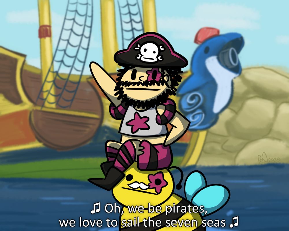 Artfight attack for Barry! Barrvatar and Barnabee are dressed up like Sasha Buckler and Orla from the Ace Attorney Dual Destinies pirate video bit.

The picture has the subtitle "Oh, we be pirates ,we love to sail the seven seas" like the original video.