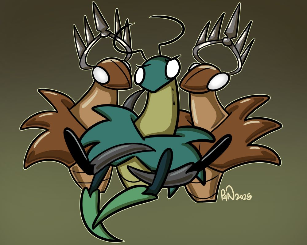 The Cogwork Dancers embrace The Green Prince as The Green Prince eyes them. He is very uncomfortable sandwiched between them.