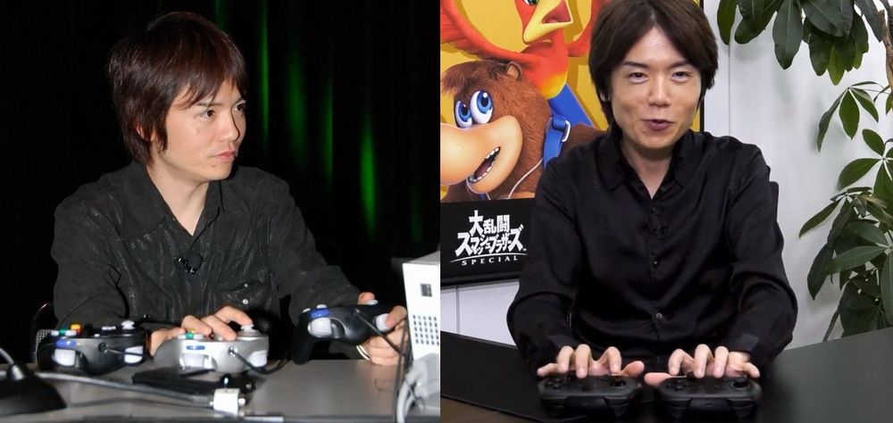 Two photos of Masahiro Sakurai using two controllers at the same time, one with each hand.