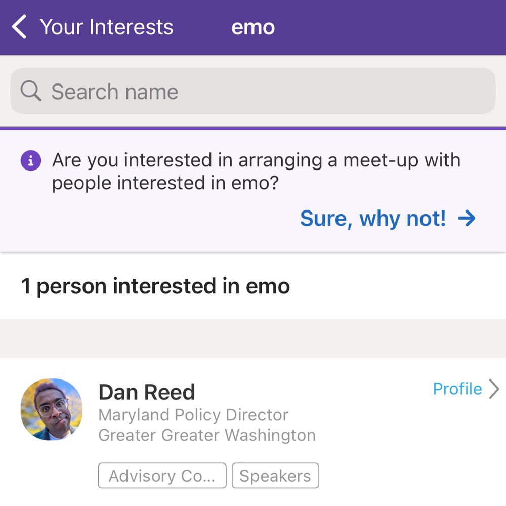 A screenshot that says are you interested in arranging a meet up with people interested in emo? Beneath that, it says one person interested in an emo, and I am the only person named