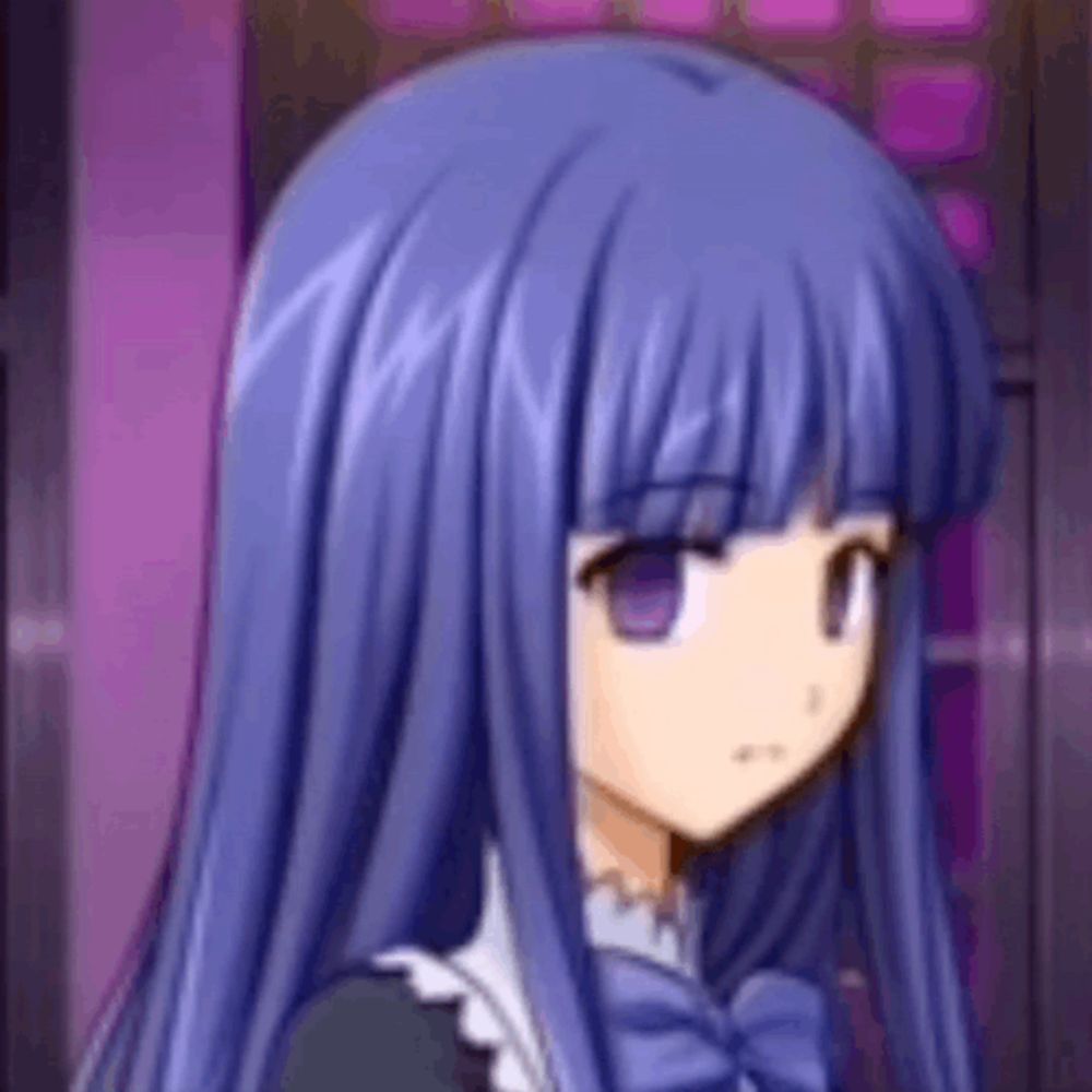 a girl with long blue hair and purple eyes is wearing a maid outfit .