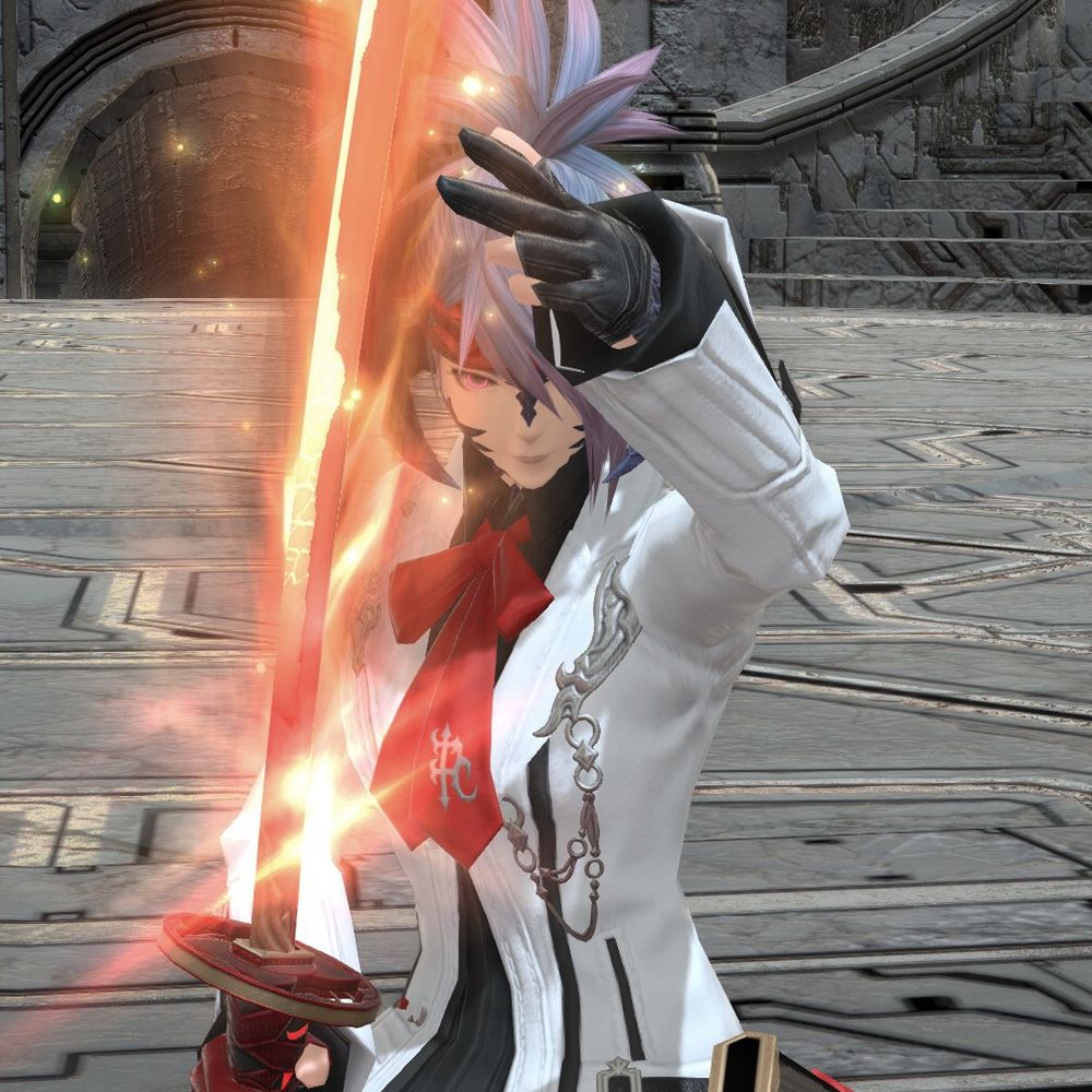 L’da holding up her samurai blade as it glows and is ready for battle. 