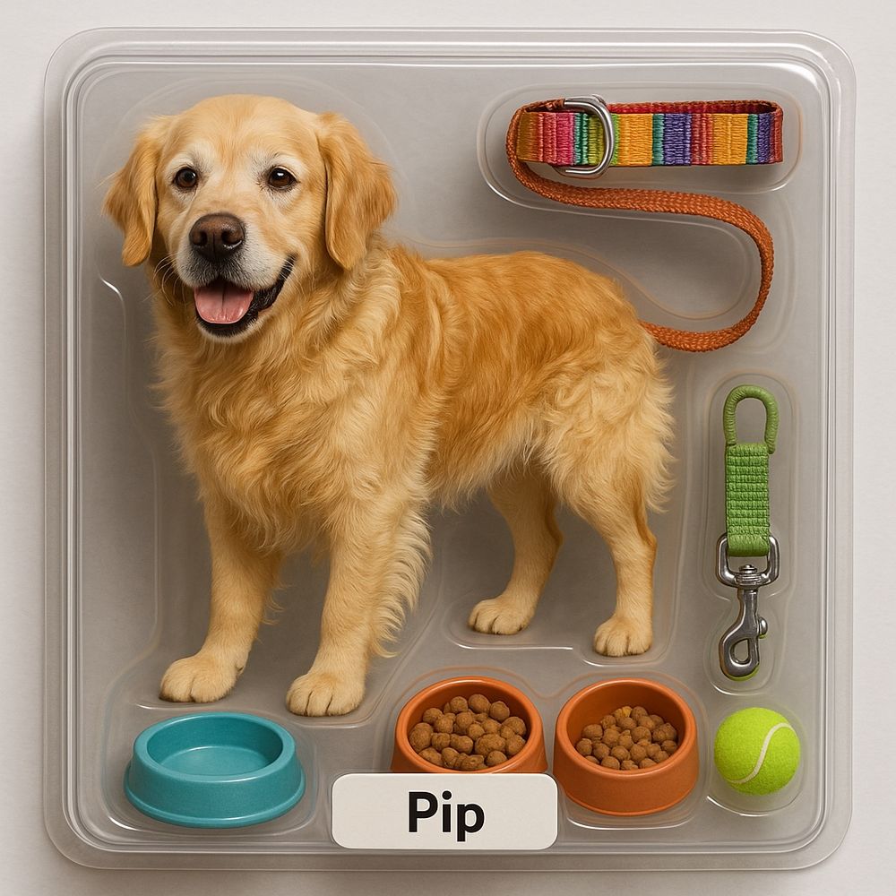 An AI generated picture of a very life-like Pip the Golden Retriever toy in a plastic flat pack. He standing facing right to left, but with his head turned towards you. He is looking at you with his brown eyes and has a big smile on his face. His fur is deep golden on his back, head and ears, but lighter on his legs, chest and face.  The pack also contains his multicoloured striped rainbow lead, a yellow collar, two brown food bowls filled with food, a blue water bowl and a tennis ball.