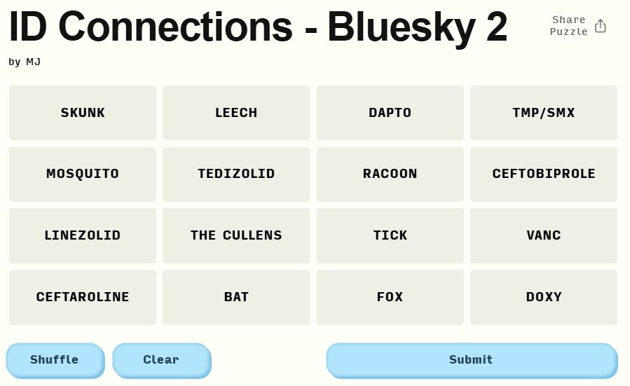 A 4 by 4 grid 16 words. The words are skunk, leech, dapto, TMP/SMX, mosquito, tedizolid, racoon, ceftobiprole, linezolid, the Cullens, tick, vanc, ceftaroline, bat, fox, doxy.