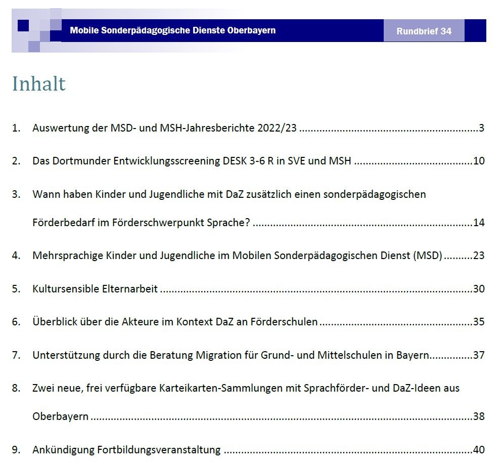 Inhaltsverzeichnis des MSD-Rundbriefs, lesbar über das verlinkte pdf