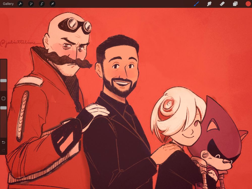 From left to right: Eggman, Agent Stone, and Sage holding Metal Sonic in her arms all facing to the right with Eggman's hands on Stone's shoulders and Stone's on Sage's, family photoshoot style against a plain red background