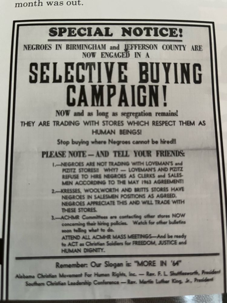 Selective Buying Campaign announcement from the book “We’ve Got A Job—The 1963 Birmingham Children’s March” by Cynthia Levinson. 