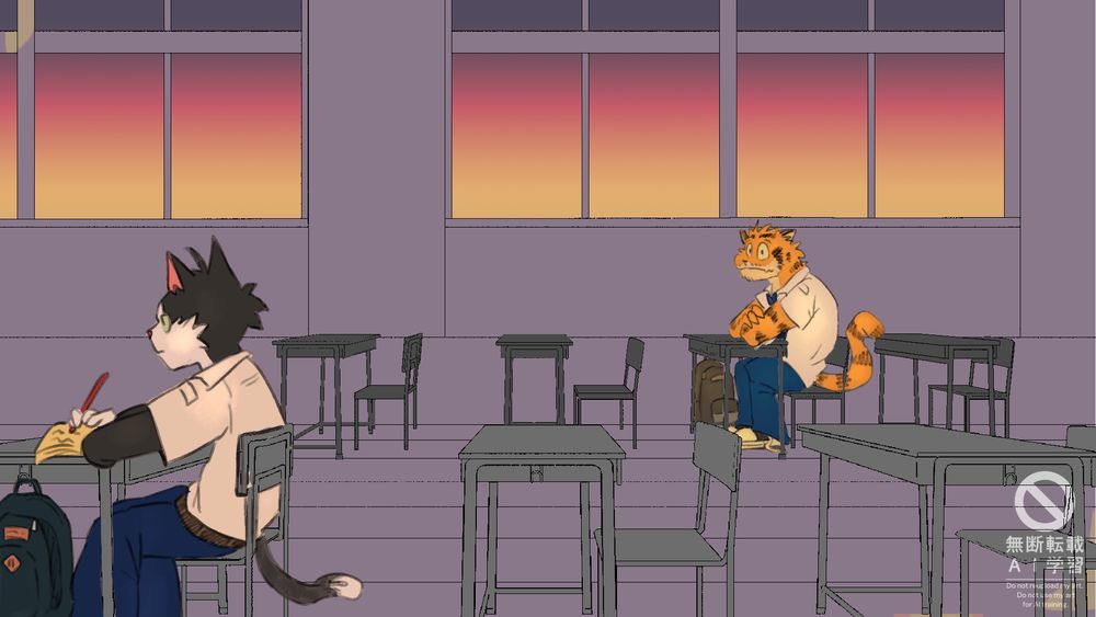 two of my oc's are at school with an evening backdrop