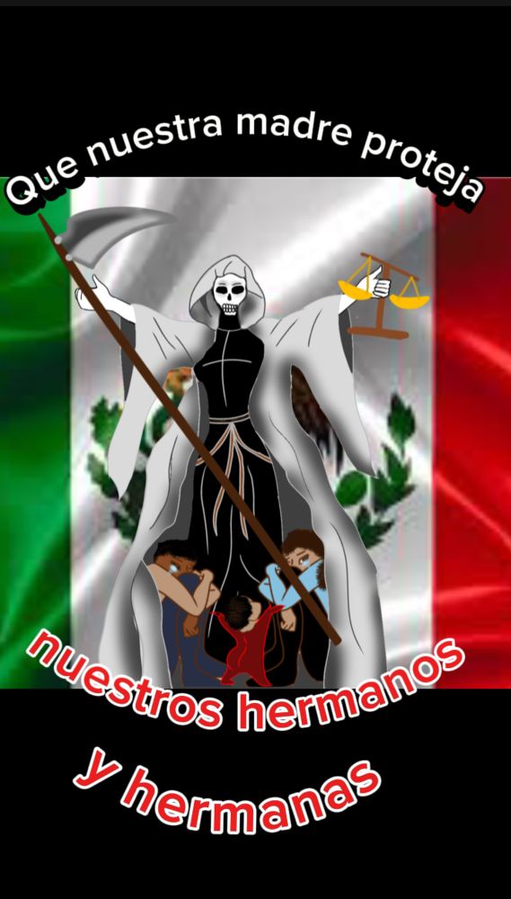 Santa Muerte hiding a family under her cloak with the scythe protecting them and the scales of justice on her right hand. 