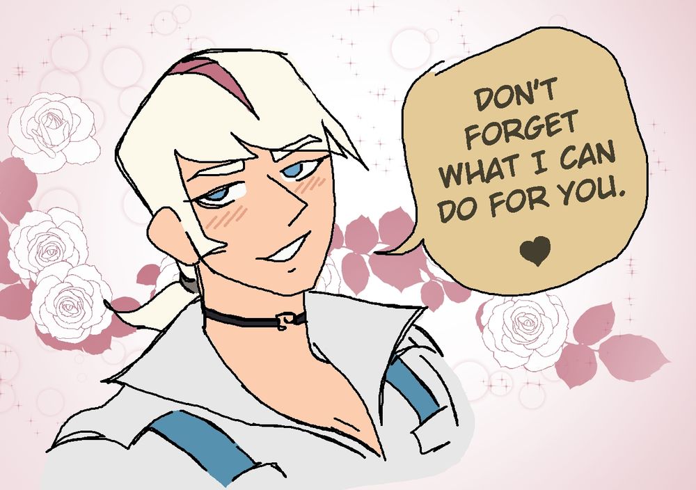 A doodle of Donatello Versus from JoJo's Bizarre Adventure part 6: Stone Ocean saying one of his likes from All Star Battle: "Don't forget what I can do for you."
He is looking flirtatiously at the viewer and blushing while surrounded by pink roses and glitter.