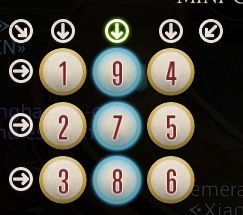 A mini-cactpot ticket 3x3 grid with the numbers "9, 7, 8" highlighted in the middle column, the second highest possible mini-cactpot. The left most column is "1, 2, 3" the highest mini-cactpot.