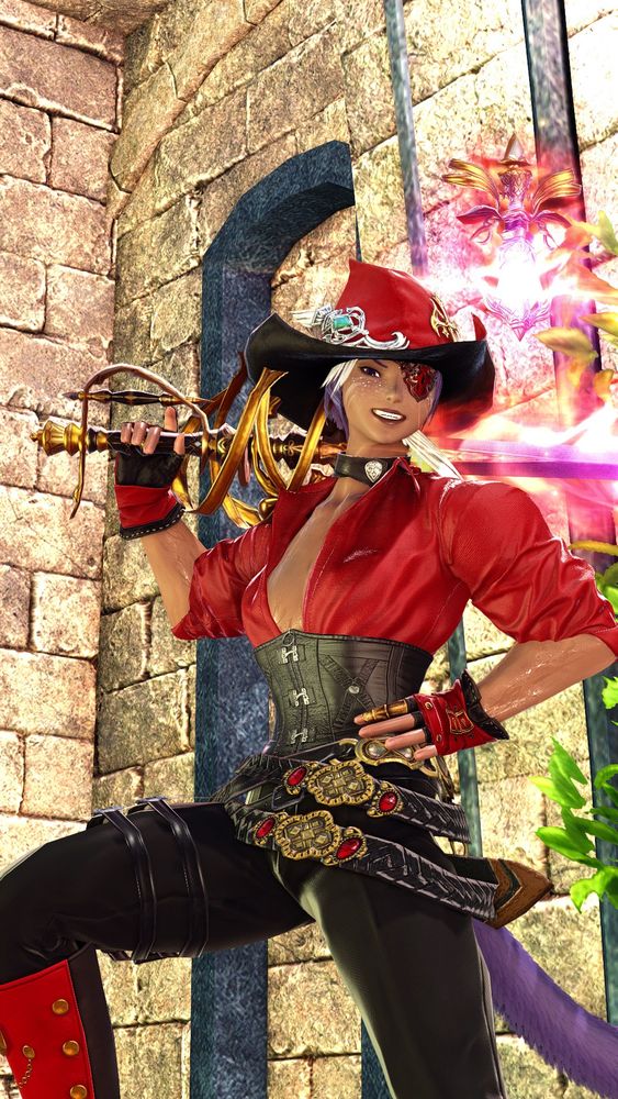 Xiao Longbao, gender-nonconforming, extremely masculine, Miqo'te Warrior of Light, poses with one leg propped up, her rapier over her shoulder in a rakish manner, her other hand propped on her snatched waist. She wears a red decorated eye-patch and cocksure smile on her face, a floppy large brimmed swashbuckler hat, a loose open top tightly corseted below the bust with multiple belts fastened devilishly loosely around her waist in contrast, leather gloves dyed as red as the top and hat, pressed slacks stuffed into red military style knee-high boots. Her rapier's ostentatious golden guard fills the distance between her shoulder and her hat's brim, and her rapier's enchanted glowing blade extends past her neck. Behind her head her red mage's focus floats idly while glowing as intensely as her blade. The background is a stone ruin typical of the isolated and abandoned village at the port of the Occult Crescent. 