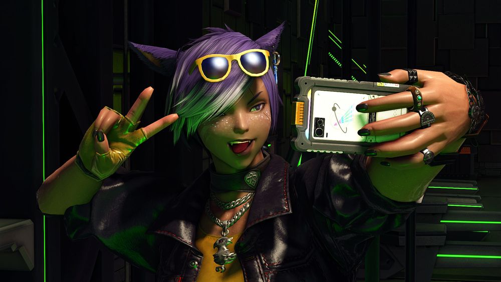 Xiao Longbao, in her wrestling heel outfit of a cropped leather jacket, leather choker, chain with chocobo jewelry, sports bra, shades, single glove, and multiple rings and bracelets, poses with a peace sign hand gesture for a selfie. She sticks her tongue out and has her eyes slightly squinted for that authentic bad guy heel look. The picture is cropped to her bust and the neon green lighting and exercising equipment can be seen behind her, indicating she's in the gym.
