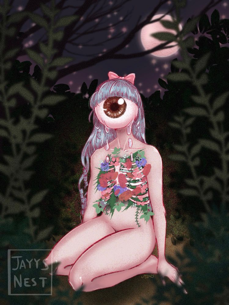 Girl with eyeball for a face sits in a dark garden. Wildflowers spill from her ribs.
