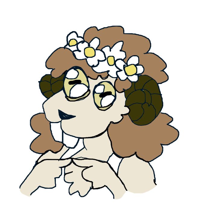 A poorly drawn version of Dani's pfp icon, a ram-like character with exaggerated features. Character is definitely much cuter in the pfp than this drawing.