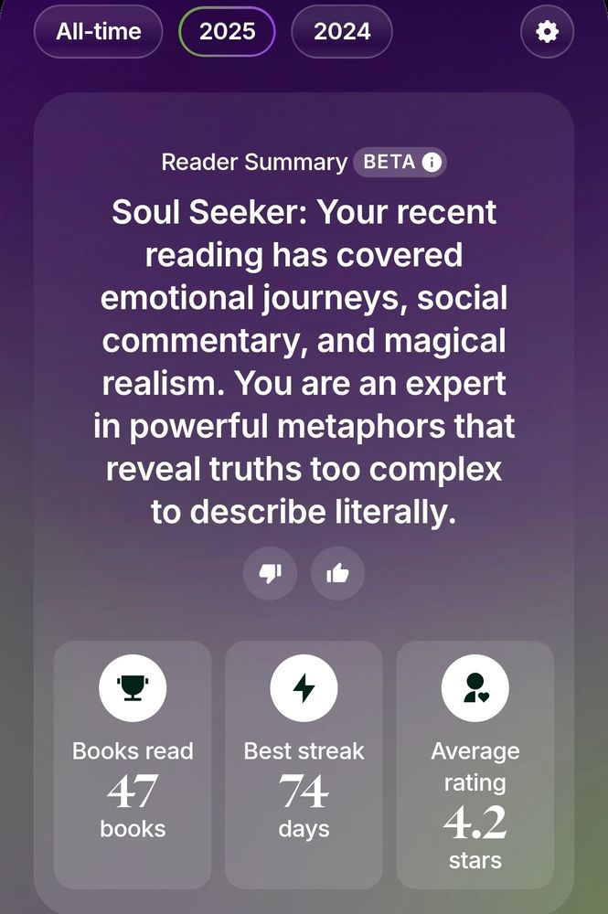 Fable Reader Summary on my profile. Books read: 47 books, best streak: 74 days, and average rating: 4.2 stars" 