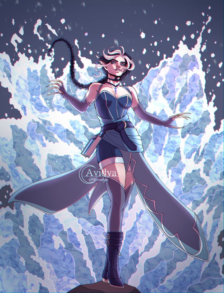 My half-elf character Katherine, in a lot of blues, freezing a wave as it crashes into a rock behind her. Very inspired by the famous shot of Ariel in The Little Mermaid.
