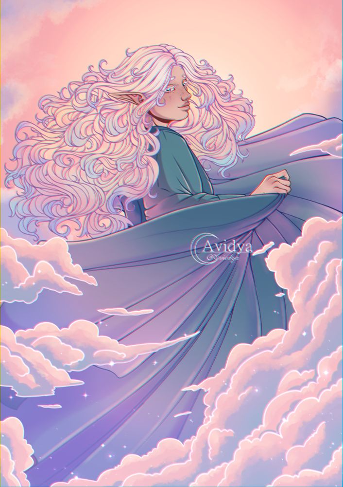 A woman with curly hair, matching the sunrise clouds around her, doing a twirl in her blue dress