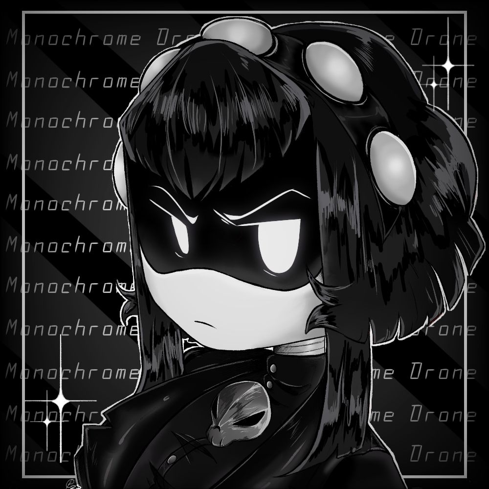 A headshot of an OC based on the indie animation series Murder Drones. She is facing to the left but looking at the viewer. She has a angry / tired expression. She is dressed in all black with a skull pendant on her neck. Her hair is short with V-Cut bangs and a bob. The words " Monochrome Drone " is repeated across the image in white text. And beside her are sparkles, two to the side of her and another two by the back of her head. 
