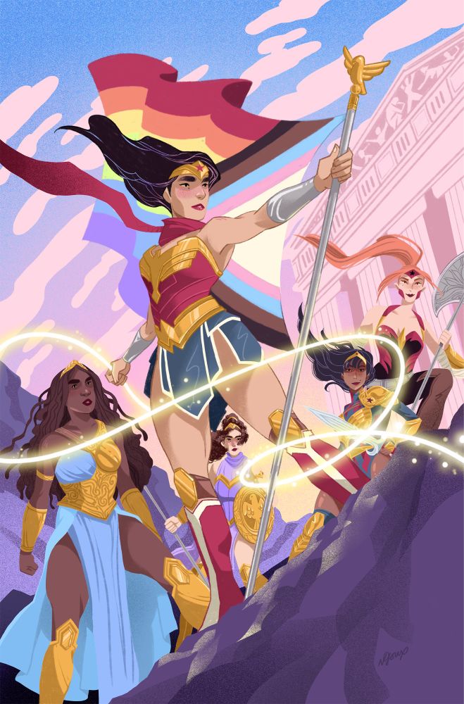 Wonder Woman and the Amazons holding an lqbtqia flag