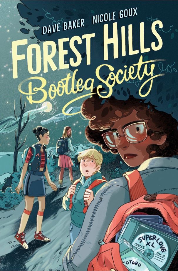 Cover to Forest hills bootleg society. Four girls in a forest holding a backpack with burned anime dvds
