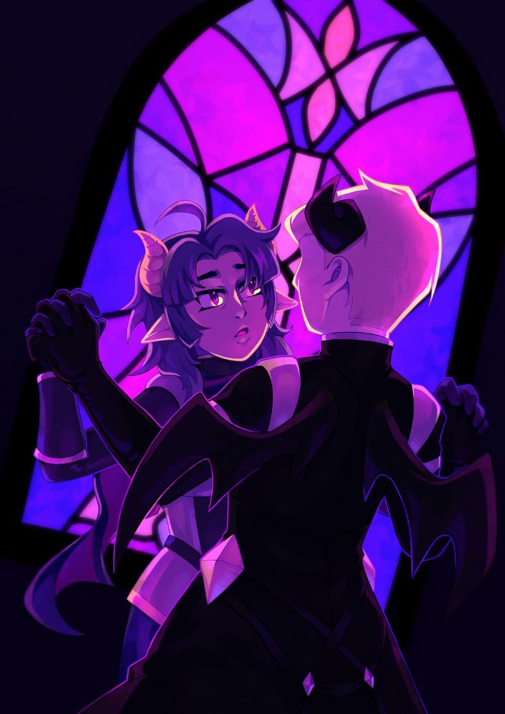 An illustration of two demon characters dancing in front of a stained glass window. The whole image has cool purple and pink tones.