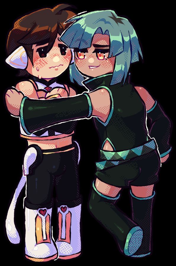 Chibis of two characters. Angelo, brown hair, wears a revealing outfit and looks embarrassed. Rivers, with dyed teal hair, is teasing him with a kabedon: one hand on his hip, and the other on the wall next to Angelo, trapping him.