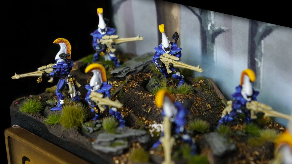 A picture of a miniatures display board featuring a woodland scene and painted backdrop with Dire Avenger miniatures. Grass, leaves and mossy rocks litter the forest floor, contrasting the Blue, white, and orange elf models.