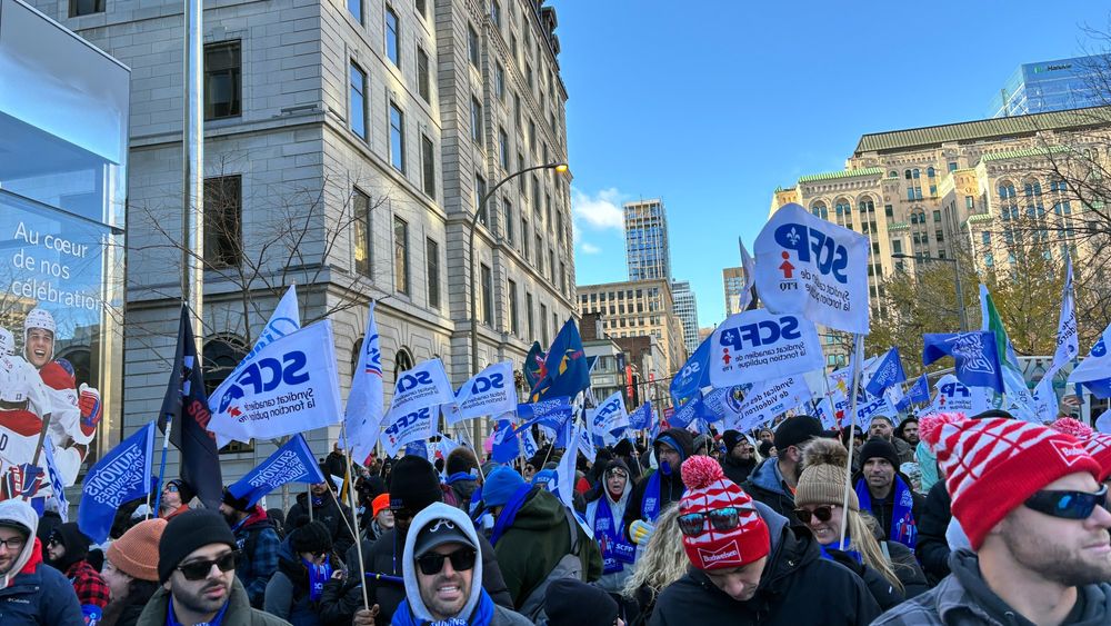 Large crowd at a rally holding SCFP flags