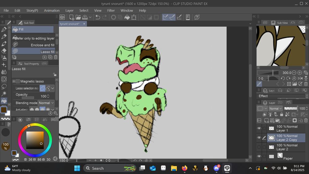 A tyrunt snorunt mix that looks like an ice cream cone. its mint choco chip with tyrunts neck ruff being turned into whipped cream and some pocky on his head