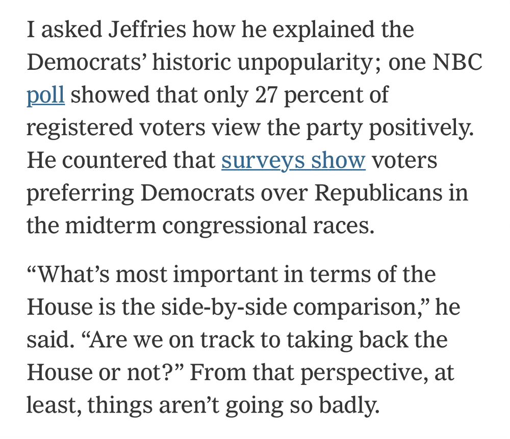 Excerpt from article, reading: “I asked Jeffries how he explained the Democrats’ historic unpopularity; one NBC poll showed that only 27 percent of registered voters view the party positively. He countered that surveys show voters preferring Democrats over Republicans in the midterm congressional races.

“What’s most important in terms of the House is the side-by-side comparison,” he said. “Are we on track to taking back the House or not?” From that perspective, at least, things aren’t going so badly.”