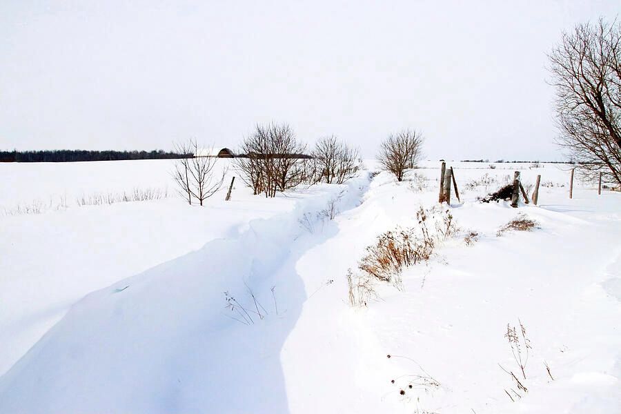 Snow covered field with snowdrifts in creek, bushes, plants, fence, trees, barn and sky