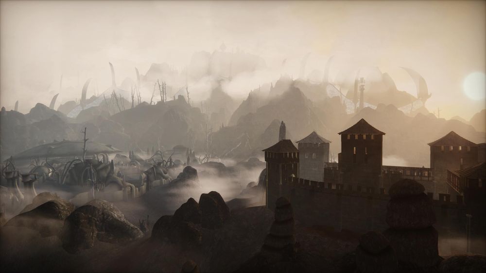 The Imperial Legion Fort Buckmoth sits on the left, with towers and ramparts set against the early morning dawn. To the right, in the background, sits the Redoran city of Ald'ruhn, covered in an early morning haze, with Under-Skarr visible in the distance. 

In the backdrop sits Red Mountain, a ring of clouds obscuring the higher ridges and peaks, but with the occasional tower poking out from the mist. The pillars of the Ghostfence here, the tower of St. Rilms there, a lone Dwemer ruin poking out of the cloudbanks.
