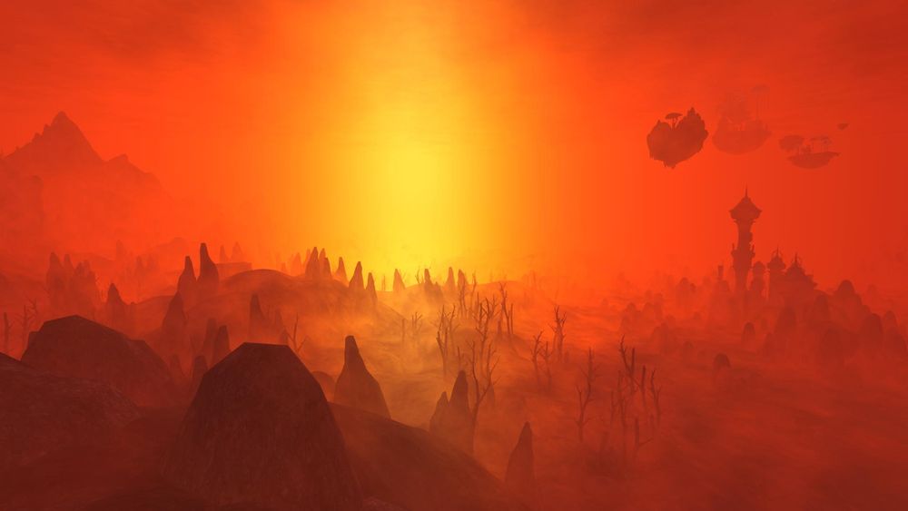 A deeply red sky looks out upon an ashen and grey landscape of jutting rocks and barren trees. A single Dwemer tower stands out amidst the fog, with a set of floating islands hovering just above. To the far left, the peak of Mount Kand can be seen through the gloom.