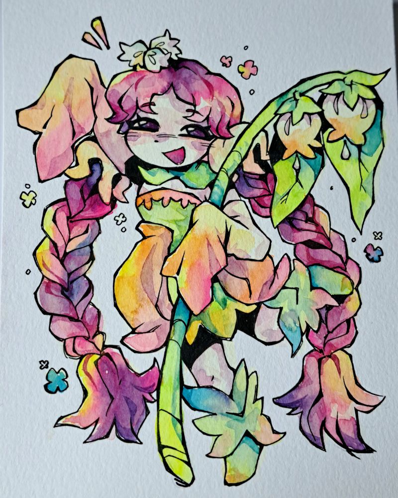 a watercolor illustration of the character florabelle from afk journey. 

she has bright pink hair in braids that go down to her feet, and a dress made of flower petals.
she's looking at the camera and waving one arm in the air, the other arm is holding a large leaf stem with flowers hanging off of it. she has one foot on the ground and one kicked up.